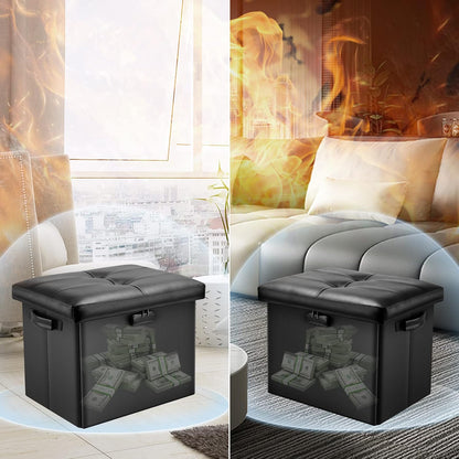 Storage Ottoman with Lock,Fireproof Folding Ottoman Foot Rest Stool Storage Chest with Storage Safe for Important Documents,Waterproof 17 Inches Short Ottoman Foot Stool with Handles,Black9