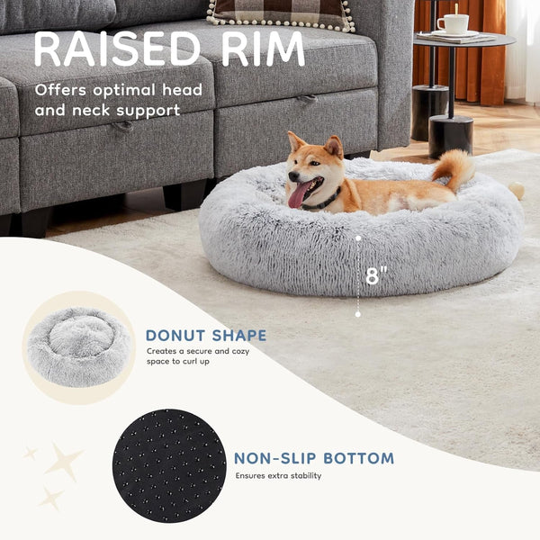 DUMOS 30.7 Inch Donut Dog Bed, Faux Fur Plush, Grey | Machine Washable Cuddler Warming Cozy Fluffy Faux Fur Plush round Pet Bed, Anti-Slip Bed for Indoor Dogs and Cats4