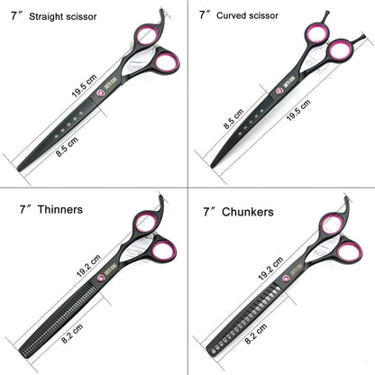 7.0 Inches Professional Dog Grooming Scissors Set Straight & Thinning & Curved & Chunkers 4Pcs in 1 Set (With Comb)6