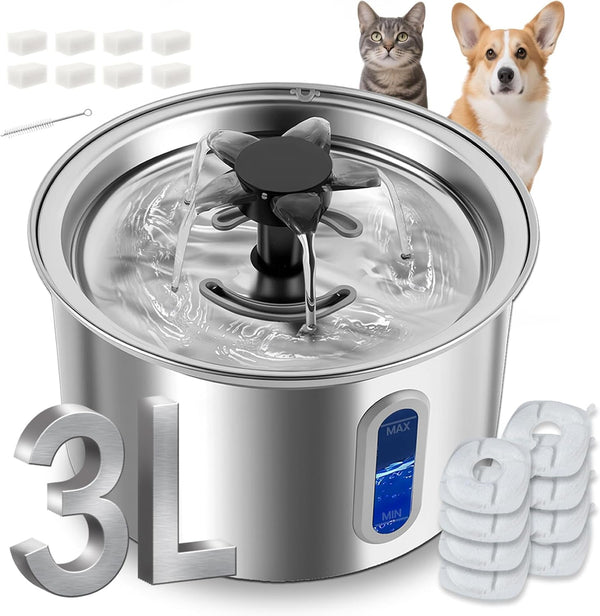 3L/101Oz Stainless Steel Cat Water Fountain for Indoor Use - Ultra Quiet Automatic Cat Fountain for Drinking, Bpa-Free Pet Water Dispenser for Cats/Small Dogs LED Window (2 Filters 2 Sponges)8