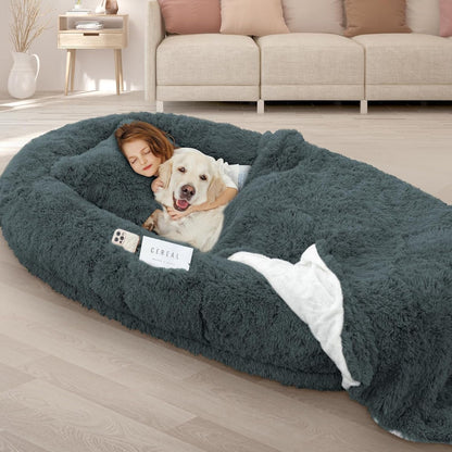 ROOMTEC Human Dog Bed, 71''X45''X12'' Size Fits Adult and Pet Washable Giant People Bed 10 CM Thick Memory Foam Large Oversize Pet Bed with Plump Pillow, Blanket, Strap - Grey21