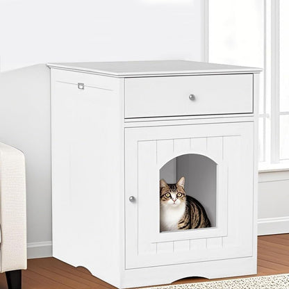 Large Wood House for Cats Litter Box Enclosure Furniture Hidde Out Box with Cabinet Drawer Indoor Pet House Side Table Wooden Crate (White)2