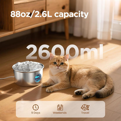 Stainless Steel Cat Water Fountain: 88Oz/2.6L Cat Fountain for Drinking | Pet Water Fountain for Cats inside with Flower Quiet Cats Dispenser Kitty Drinking Fountains Indoor for Pets& Small Animals2