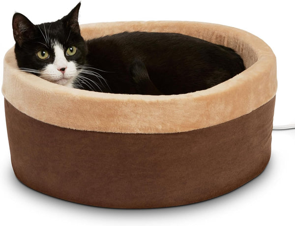 K&H Pet Products Thermo-Kitty Bed Heated Cat Beds for Large Indoor Cats & Dogs, Calming Warming Pillow Pet Bed, Machine Washable, Removable Heater, Safety Listed - Large 20" round Mocha/Tan11