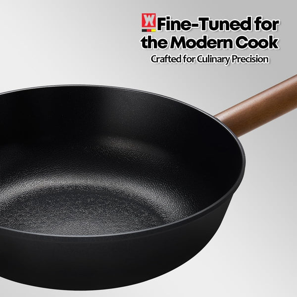 Aluminum Body Flat Bottom Wok, Restaurant & Business Grade Fry Pan Titanium Coated Non-Stick Surface, Wooden Handle, Made in Korea, Deep Large Skillet, Black(17.91"L X 11.22"W X 3.15"H)8