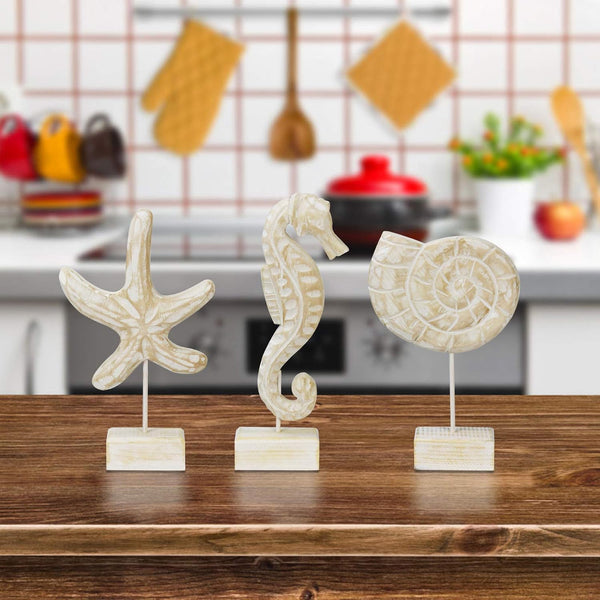 3Pcs Wood Starfish/Conch/Seahorse Statue Beach Ocean Coastal Decor | Nautical Style Figurines for Beach or Home, Tabletop Decor, Home Decor, Handmade Ornament4