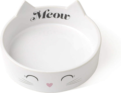 Petrageous 16037 Meow Kitty Dishwasher Safe Stoneware Cat Bowl 5-Inch Diameter 1.5-Inch Tall with 1-Cup Capacity for Cats, White1
