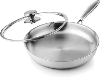 10 Inch Stainless Steel Frying Pan with Lid, Tri-Ply Healthy Stainless Steel Cookware, Pan, Skillet on Induction, Ceramic and Gas Cooktops, PFOA Free Cooking Pan, Dishwasher Safe1