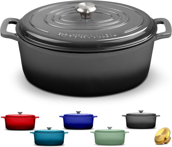 Signature Enameled Cast Iron Oval Dutch Oven | Non-Stick Serving Pot with Tight Fitting Lid for Perfect Roasting, Baking, Sauteing, and Bread Making | 5Q [Oyster Grey]1