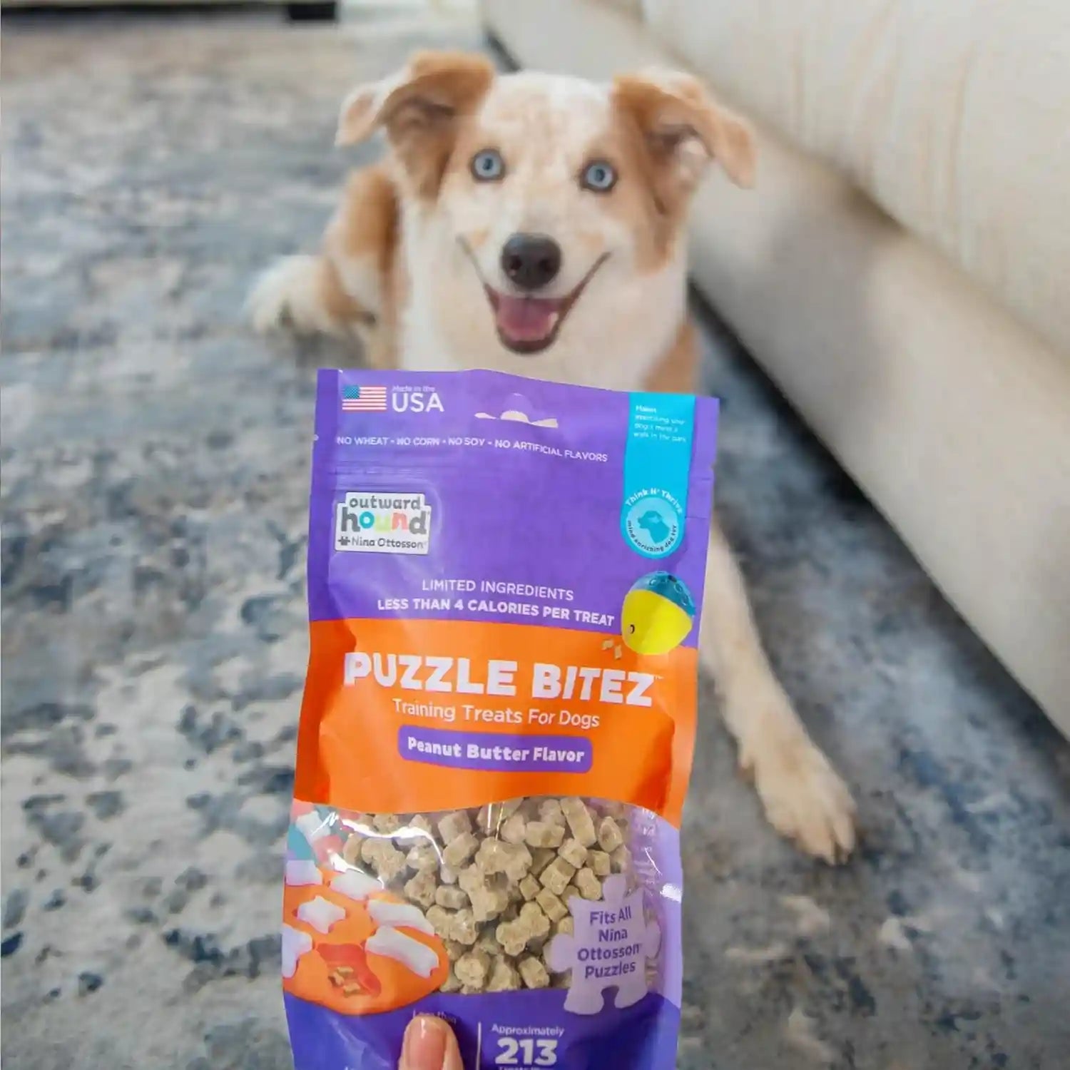 outward-hound-by-nina-ottosson-puzzle-bitez-usa-made-dog-treats-peanut-butter-flavor-bite-sized-training-reward-and-interactive-puzzle-toy-treats-7-5oz