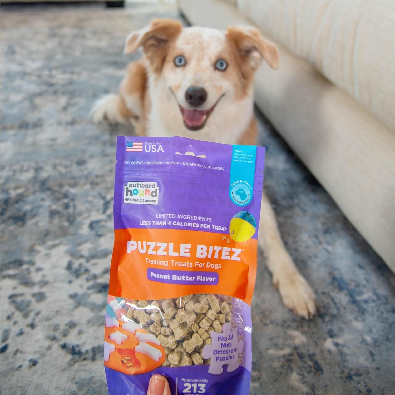 outward-hound-by-nina-ottosson-puzzle-bitez-usa-made-dog-treats-peanut-butter-flavor-bite-sized-training-reward-and-interactive-puzzle-toy-treats-7-5oz