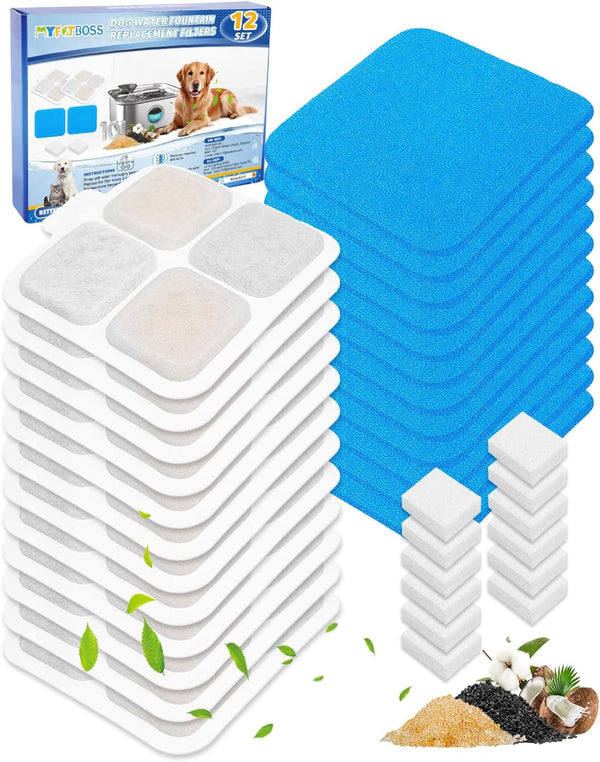 12 Set Dog Water Filter Replacement Compatible with Oneisall PW07SAU 10L/2.64Gal, Dog Water Fountain Filter Fit for Oneisall, Multilayer Filtration System 12Pre-Filter+12 Filters+12 Sponges1