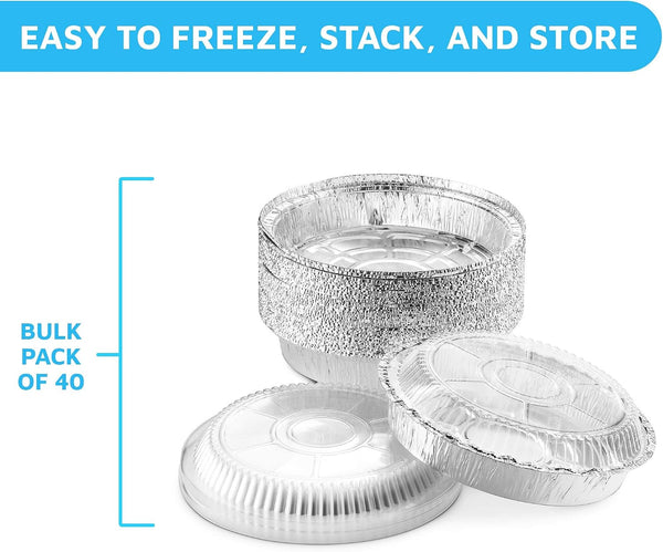 9” round Aluminum Foil Pans with Clear Lids | Disposable Containers with Straight Walls for Storing, Baking, Meal Prep & Reheating | Freezer & Oven Safe, Recyclable | 40 Pack of Tins3