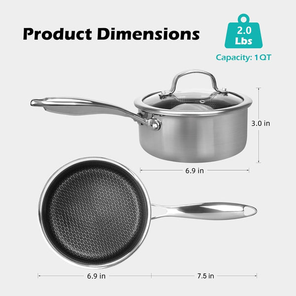 1QT Stainless Steel Saucepan with Lid, Honeycomb Non-Stick Cooking Pot, Eco-Friendly Pfoa-Free Coating, Compatible with All Cooktops, Perfect for Milk, Soup, Oatmeal & Baby Food, Dishwasher Safe2