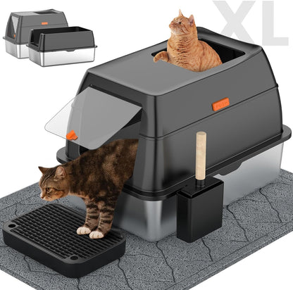 Stainless Steel Litter Box with Lid,Front Entry Top Exit Kitty Litterbox,Extra Large Enclosed Metal Cat Box with Litter Scoop & Litter Mat-Black1