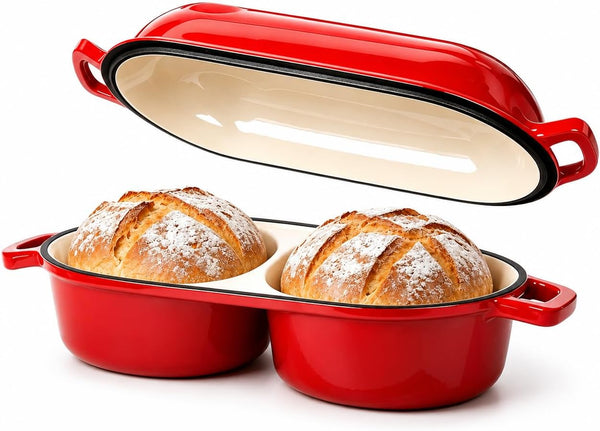 Mini Double Dutch Oven for Sourdough Bread Baking, 2.2QT Enameled Cast Iron | Dual round Bread Loaf Pan with Lid, Non Stick 550°F Oven Safe Bread Pot for Homemade Bread, Meatloaf, Cake - Red1