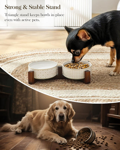 MALACASA Dog Bowl Set, Ceramic Bowls with Walnut Wood Stand, 1.5 Cups | Rhombic and Polka Dot Design, Non-Slip Base, for Cats and Dogs, about 26% Heavier than Similar Ceramic Bowls6