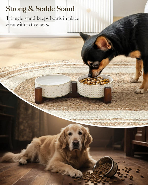 MALACASA Dog Bowl Set, Ceramic Bowls with Walnut Wood Stand, 1.5 Cups | Rhombic and Polka Dot Design, Non-Slip Base, for Cats and Dogs, about 26% Heavier than Similar Ceramic Bowls6
