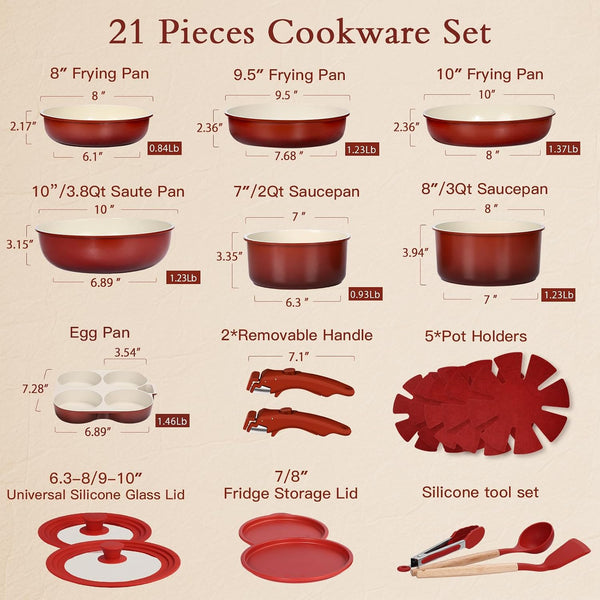 21PCS Pots and Pans Set Non Stick,Kitchen Cookware Set Detachable Handle,Red and Black Gradient Pot and Pan Set,Non Toxic Cooking Pan Set with Frying Pans Set,Rv Cookware Sets for All Stoves2