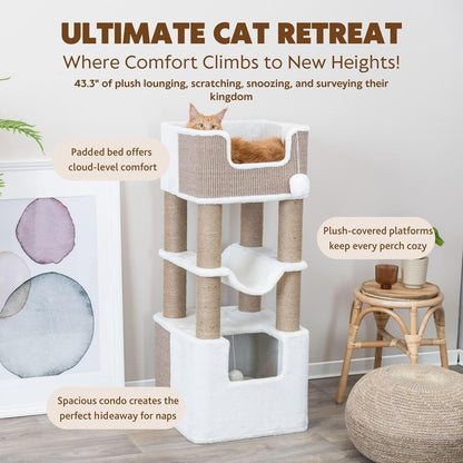 Trixie Lucano 43.3-In XXL Cat Tree, Indoor Cat Furniture with Jute Scratching Posts, Sisal and Plush Covered Condo, Dangling Interactive Toys, Brown2