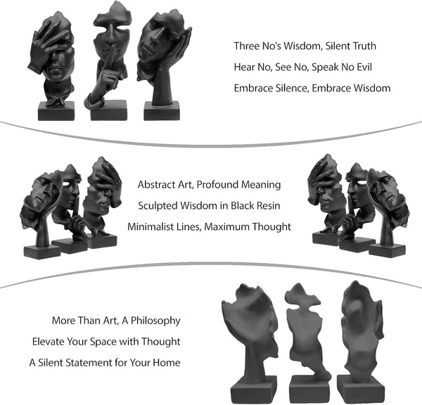 3 Pcs Thinker Statue, Silence Is Gold Abstract Resin Art Figurines | See No Evil, Hear No Evil, Speak No Evil Statues,Modern Resin Sculptures for Living Room, Home, Office Study4