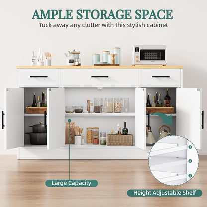 Buffet Cabinet with Storage,53.4" Large Kitchen Storage Cabinet with 3 Drawers and 4 Doors,Wood Farmhouse Buffet Sideboard with Adjustable Shelf for Kitchen Living Room, White6