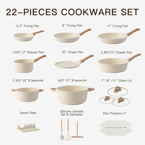 22 Pcs Cream Titanium Nonstick Pots & Pans, Induction & Gas | Ultra-Durable Titanium Nonstick Coating, Warm Cream Aesthetic, Heat-Resistant Wood Handles, Suitable for All Stove Induction6
