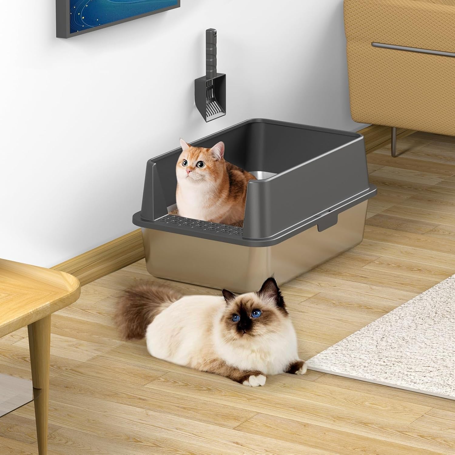 2pack-stainless-steel-cat-litter-box-with-high-sides-lid-extra-large-xl-litter-box-for-big-cats-metal-kitty-litter-boxes-with-anti-leakage-enclosure-non-stick-odorless-scoop-included