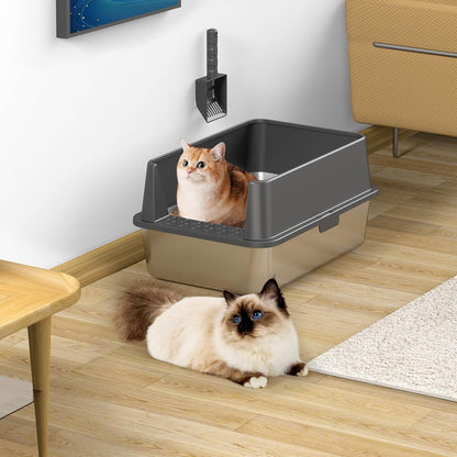 2PACK Stainless Steel Cat Litter Box with High Sides Lid, Extra Large XL Litter Box for Big Cats, Metal Kitty Litter Boxes with Anti-Leakage Enclosure,Non-Stick,Odorless,Scoop Included7