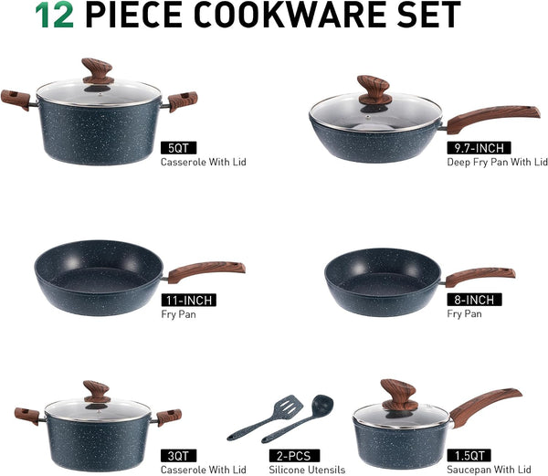 Pots and Pans Set, 12 Piece Blue Kitchen Cookware Sets Nonstick | Induction Compatible, Granite Pans Set for Cooking, 100% PFOA & PFAS Free Non-Toxic, Easy to Clean, Even Heating3