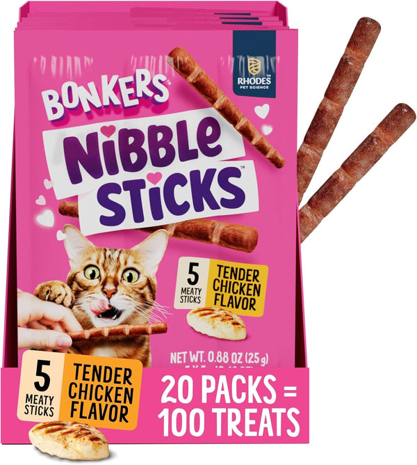 Bonkers Nibble Sticks Soft & Meaty Tender Chicken Flavor Cat Treats, 5 Sticks (Pack of 20)1
