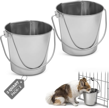 Flat Side Stainless Steel Bucket 2 Quart Hanging Feeding Utility Pail for Small Dog Cat Birds, Fits Kennel Cage Compatible, Heavy Duty Food & Water Feeder, 0.5 Gallon Silver Bucket 4 Pack13