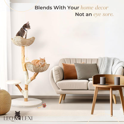 LEO & LEXI Aesthetic, Real Wood Modern Cat Tree. 46 Inches Tall, Sturdy, Solid Natural Wood Tower for Large Cats. Scratching Post with Wicker Basket Bed, Luxury, Boho Furniture for Indoor Cats6