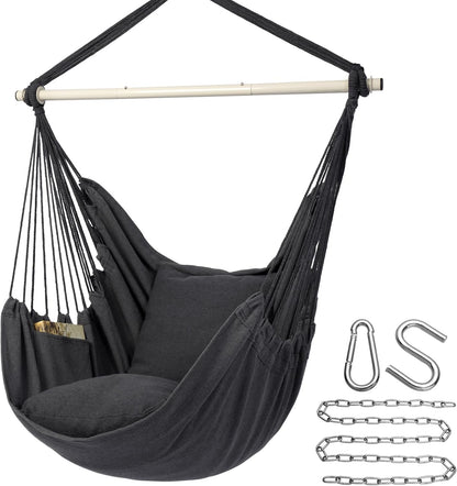 Hammock Chair Hanging Rope Swing Chair, Max 500 Lbs, 2 Seat Cushions Included, Removable Steel Spreader Bar with Anti-Slip Rings, Hardware Kit-For Indoor Outdoor(Dark Grey)1