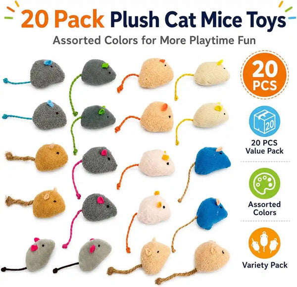 20-Pack Catnip Mouse Toys - Assorted Colors, Plush Mice with Catnip, Interactive Cat Toys for Indoor Kittens & Adults, Durable Cat Teaser Set2