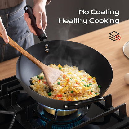 Wok, 13.5 Inch Carbon Steel Wok Pan with Steamer & Stir-Fry Pans Nonstick, 5QT Flat Bottom Chinese Woks3