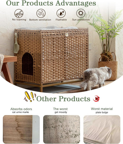 SETVSON Cat Litter Box Enclosure Furniture, Rattan PE Kitty House, Natural | Handwoven PE Rattan with 2 Soft Mats, Heightened Metal Feet, 2 S-Hooks, 30.3 X 18.3 X 28 in Spacious Interior Kitty Cabinet3