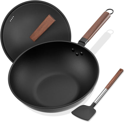 Carbon Steel Wok, 13-Inch, Pre-Seasoned, Non-Stick, with Lid and Spatula, Flat Bottom, Ideal for Stovetop Cooking1