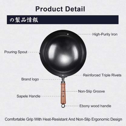 12.6-Inch Hand-Hammered Wrought Iron Wok, round Bottom | 99.8% Iron Content, 4.1-Inch Deep Bowl, Seasoning-Ready Surface, Fish-Scale Texture, Grooved Sapele Handle5