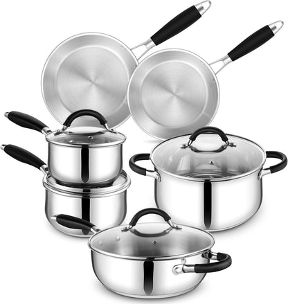 10-Piece Stainless Steel Cookware Set - Induction Pots and Pans Set | Tri-Ply Base with Stay-Cool Handles, Dishwasher Safe, Non-Toxic Kitchen Cooking Set W/ Frying Pans, Saucepans, Stockpot1