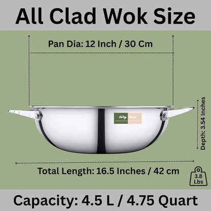 Stainless Steel Wok, Tri-Ply Wok Pan 12 Inch, Kadhai without Lid, Triply Non Stick Kadai Cookware, Wide & Deep Stir Fry Woks for Cooking, All Cooktops Compatible, Dishwasher Safe2