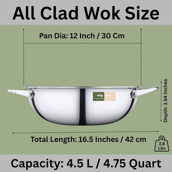 Stainless Steel Wok, Tri-Ply Wok Pan 12 Inch, Kadhai without Lid, Triply Non Stick Kadai Cookware, Wide & Deep Stir Fry Woks for Cooking, All Cooktops Compatible, Dishwasher Safe2