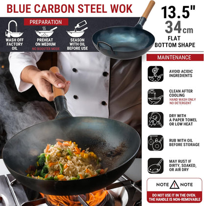 13.5” Blue Carbon Steel Wok Pan + 17’’ Spatula and Ladle + Premium Wok Cover 13.5 Inch Pan Lid3