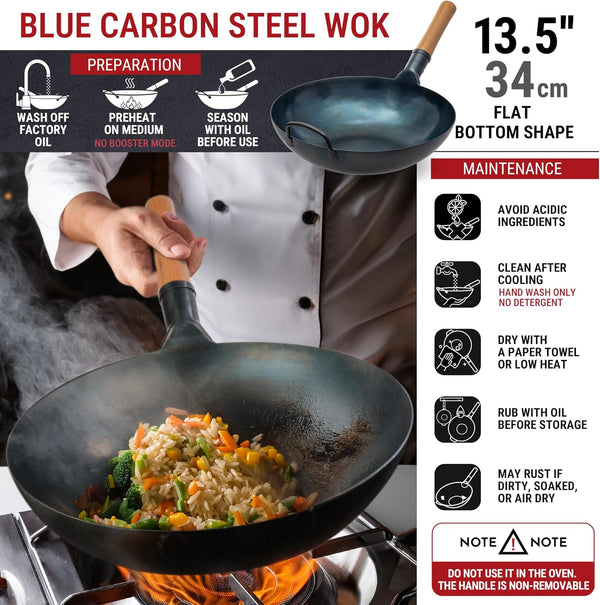 13.5” Blue Carbon Steel Wok Pan + Pre-Seasoned Blue Carbon Steel 17-Inch Spatula and Ladle + Premium Wok Cover 13.5 Inch Pan Lid3