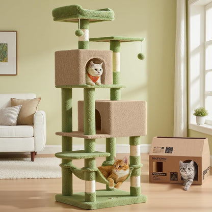 Feandrea Cat Tree, 59.5-Inch Tall Cat Tower, Plush Multi-Level Condo with 5 Scratching Posts, 2 Perches, 2 Caves, Hammock, 2 Pompoms, Light Gray UPCT192W0112
