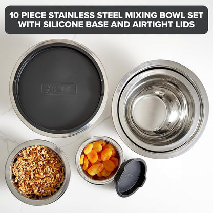 Viking Mixing Bowls Set, 10 Piece Stainless Steel Kitchen Cookware, Non-Slip Silicone Base, Includes Tight Fit Lids, Dishwasher Safe, Black2