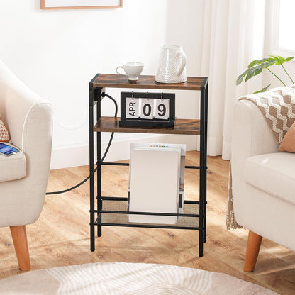 Small Narrow Side Table with Charging Station, Skinny End Table for Small Spaces, Slim Nightstand with USB Ports Outlet, Sofa beside Table with Storage Shelf, Rustic Brown and Black BF102UBZ015
