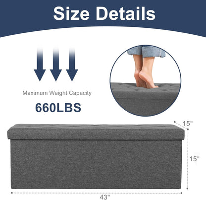 43 Inch Folding Storage Ottoman Bench, Large Ottoman with Storage | Storage Chest with Thicker Foam Padded Seat, End of Bed Foot Rest Stool for Bedroom Living Room Entryway, Load 660 Lbs, Grey3