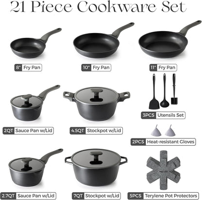 Pots and Pans Set Nonstick, 21Pcs Induction Compatible, Stay Cool Handle, Fully Coated, 100% Dishwasher Safe, PFOA Free Omelet Pans, Warp Resistant (Black Sesame)2
