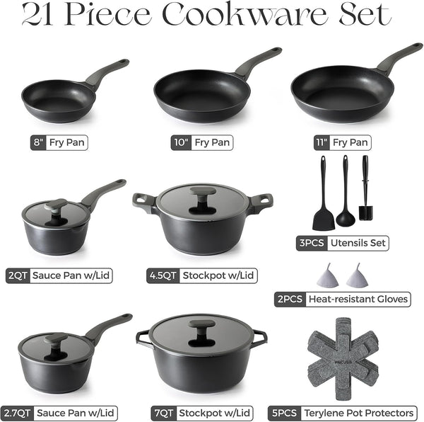 Pots and Pans Set Nonstick, 21Pcs Induction Compatible, Stay Cool Handle, Fully Coated, 100% Dishwasher Safe, PFOA Free Omelet Pans, Warp Resistant (Black Sesame)2